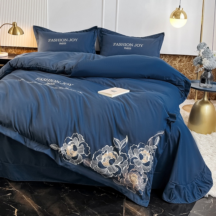 91家纺网 家纺一手货源 找家纺 梵克保罗 2025秋冬新款直播热卖长绒棉刺绣花边四件套-繁星系列 繁星-钻石蓝