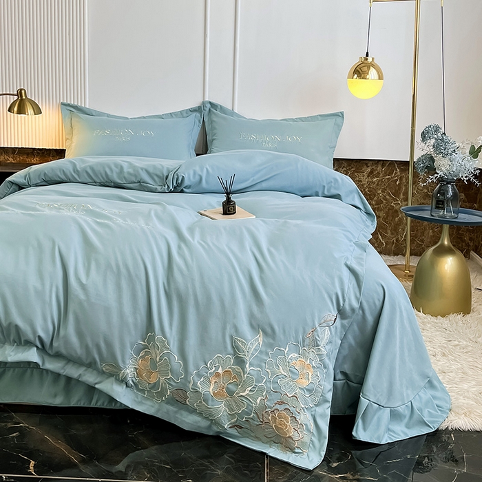 91家纺网 家纺一手货源 找家纺 梵克保罗 2025秋冬新款直播热卖长绒棉刺绣花边四件套-繁星系列 繁星-梵星绿