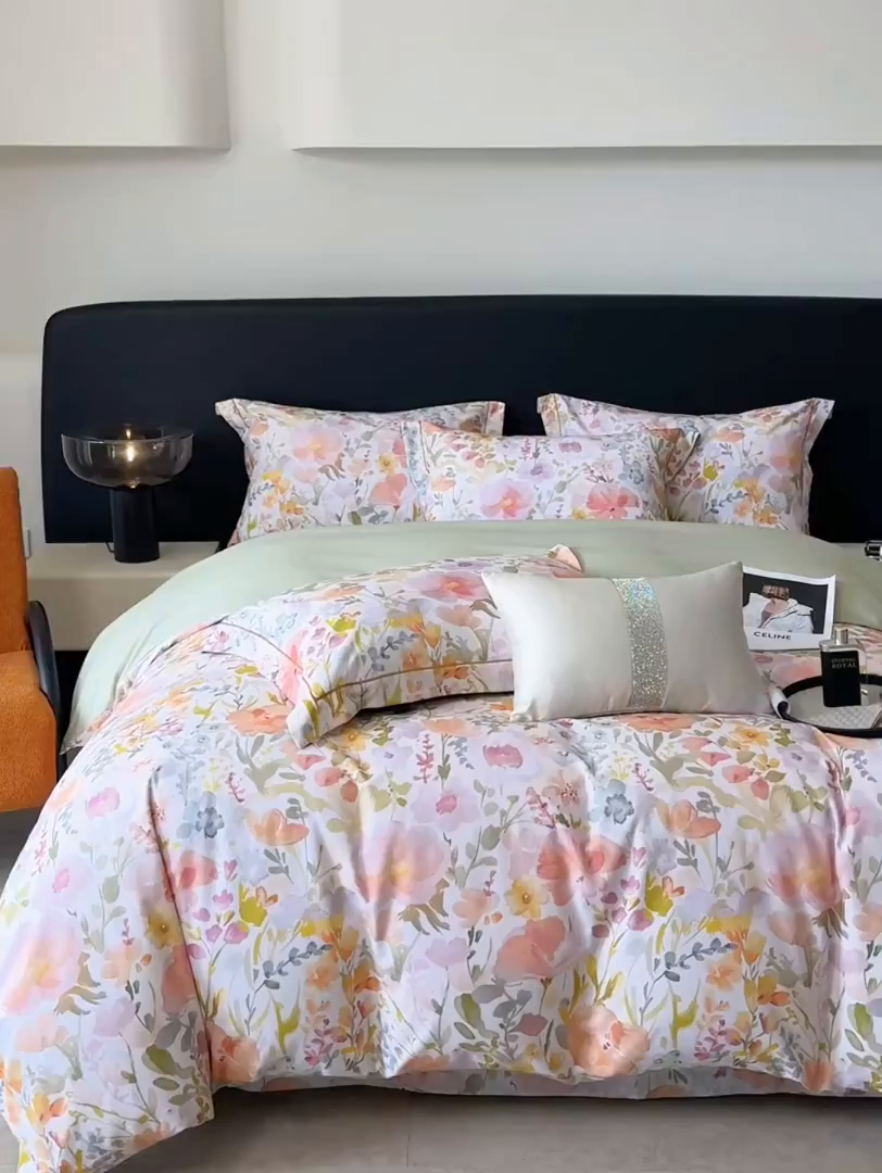 91家纺网 家纺一手货源 找家纺 梵克保罗 2025秋冬新款数码印花全棉磨毛单被套三件套四件套系列 春日油彩-米