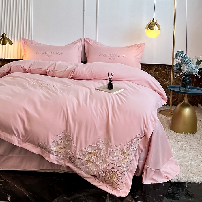 91家纺网 家纺一手货源 找家纺 梵克保罗 2025秋冬新款直播热卖长绒棉刺绣花边四件套-繁星系列 繁星-玫瑰粉