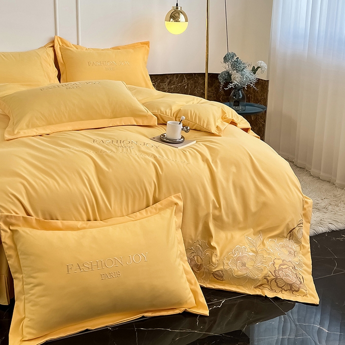 91家纺网 家纺一手货源 找家纺 梵克保罗 2025秋冬新款直播热卖长绒棉刺绣花边四件套-繁星系列 繁星-柠檬黄