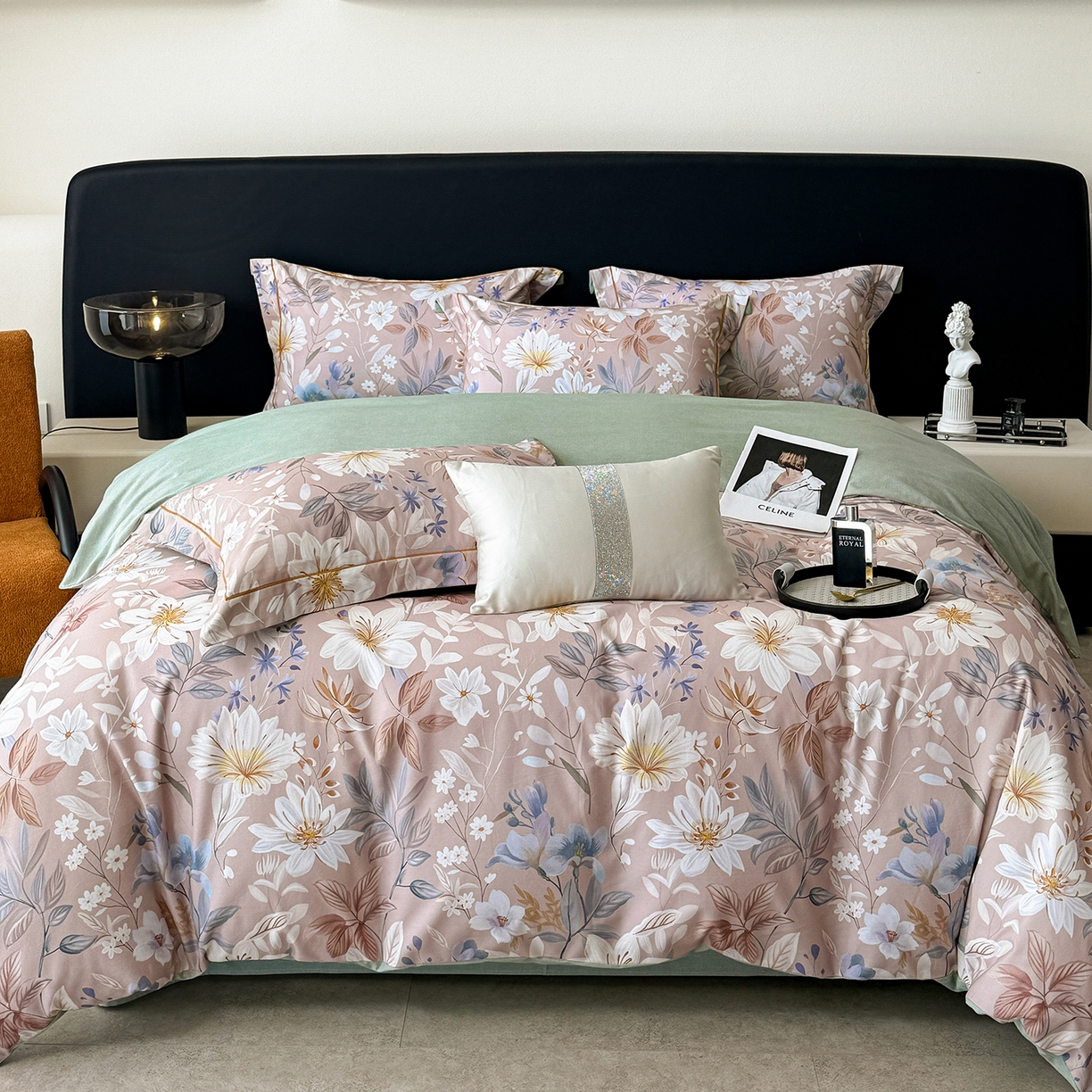 91家纺网 家纺一手货源 找家纺 梵克保罗 2025秋冬新款数码印花全棉磨毛单被套三件套四件套系列 亭语花间