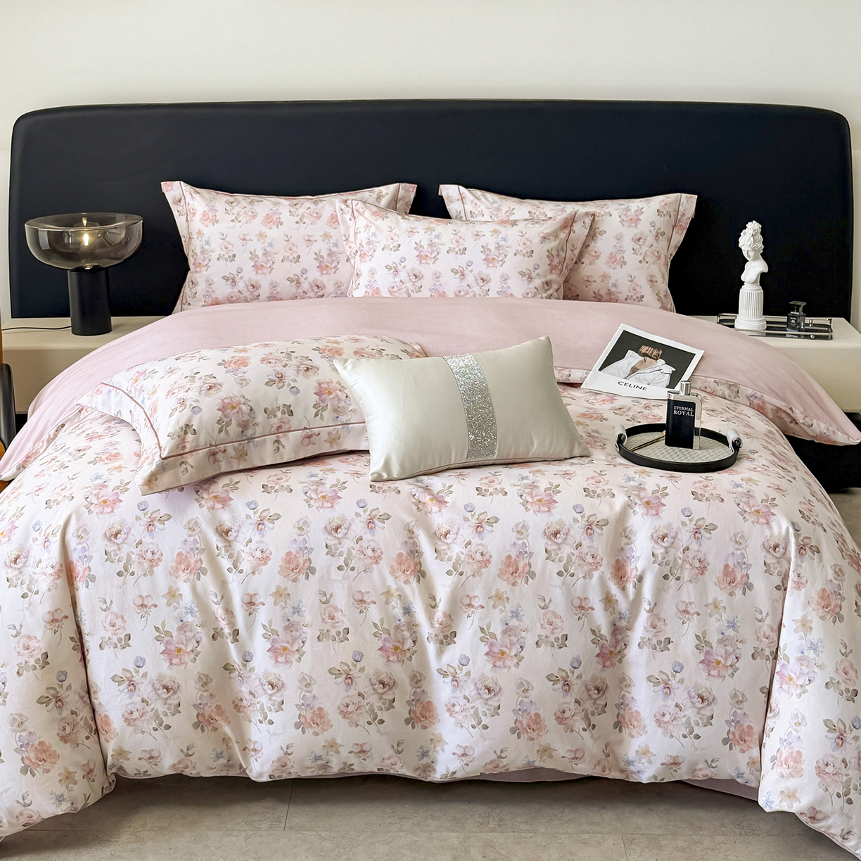 91家纺网 家纺一手货源 找家纺 梵克保罗 2025秋冬新款数码印花全棉磨毛单被套三件套四件套系列 花屿间-粉