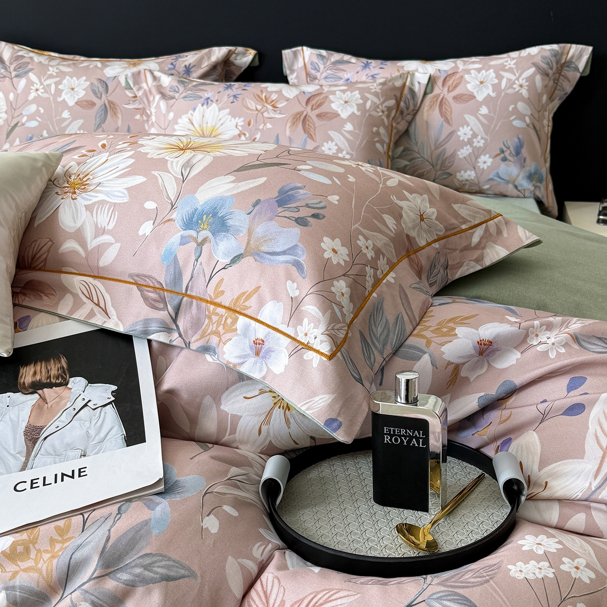 91家纺网 家纺一手货源 找家纺 梵克保罗 2025秋冬新款数码印花全棉磨毛单被套三件套四件套系列 亭语花间