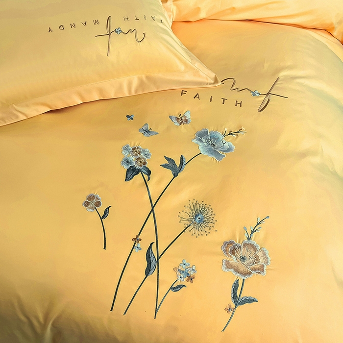 91家纺网 家纺一手货源 找家纺 梵克保罗 2025秋冬新品直播热卖长绒棉刺绣花边四件套-烟雨花都 烟雨花都-柠檬黄