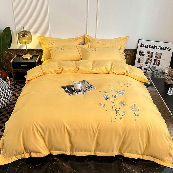 91家纺网 家纺一手货源 找家纺 梵克保罗 2025秋冬新品直播热卖长绒棉刺绣花边四件套-烟雨花都 烟雨花都-柠檬黄