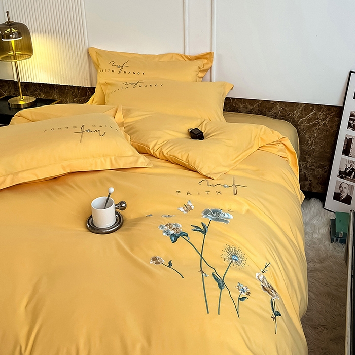 91家纺网 家纺一手货源 找家纺 梵克保罗 2025秋冬新品直播热卖长绒棉刺绣花边四件套-烟雨花都 烟雨花都-柠檬黄