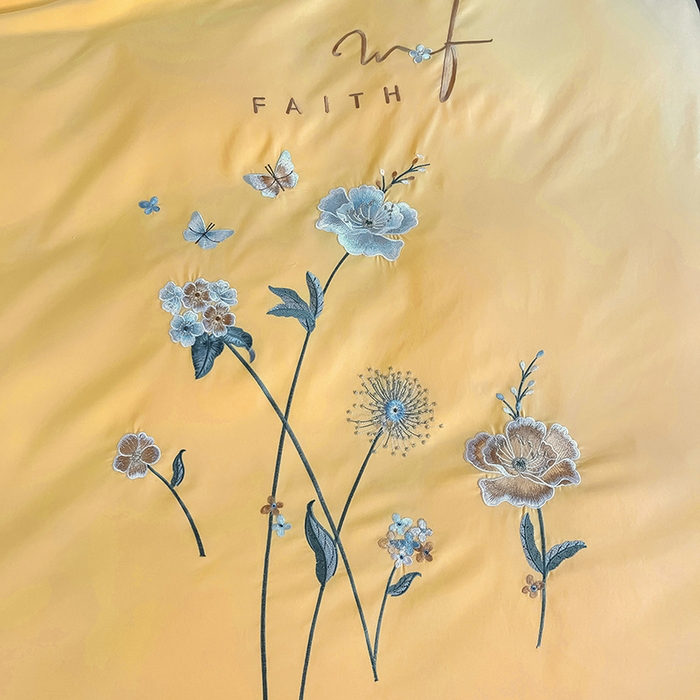 91家纺网 家纺一手货源 找家纺 梵克保罗 2025秋冬新品直播热卖长绒棉刺绣花边四件套-烟雨花都 烟雨花都-柠檬黄