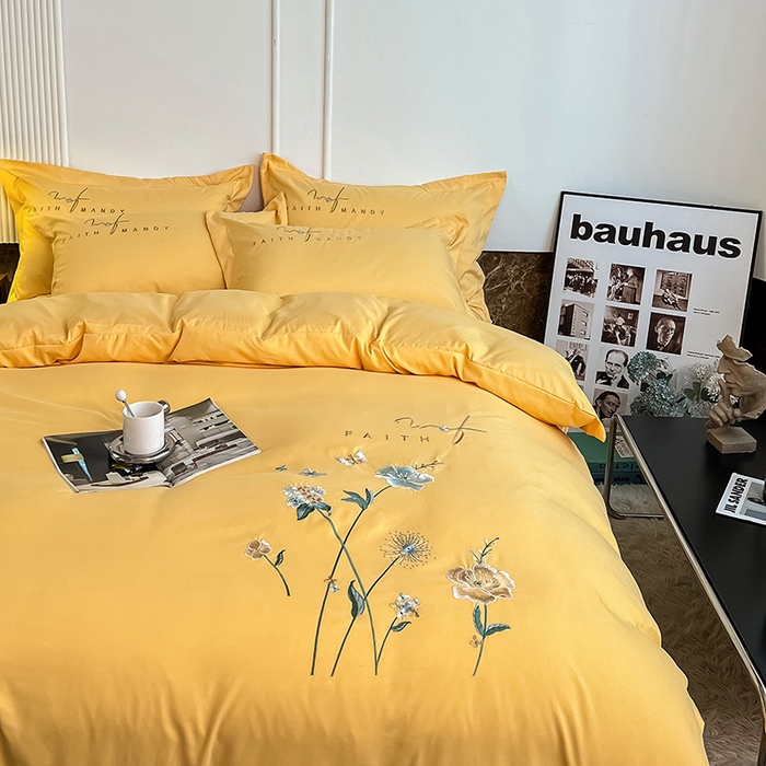 91家纺网 家纺一手货源 找家纺 梵克保罗 2025秋冬新品直播热卖长绒棉刺绣花边四件套-烟雨花都 烟雨花都-柠檬黄