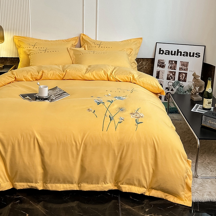 91家纺网 家纺一手货源 找家纺 梵克保罗 2025秋冬新品直播热卖长绒棉刺绣花边四件套-烟雨花都 烟雨花都-柠檬黄