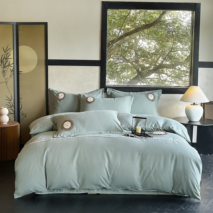 91家纺网 家纺一手货源 找家纺 梵克保罗 2025秋冬新款加厚肌理纹碳素磨毛刺绣贴布绣花边新中式四件套-奢香夫人 绿色