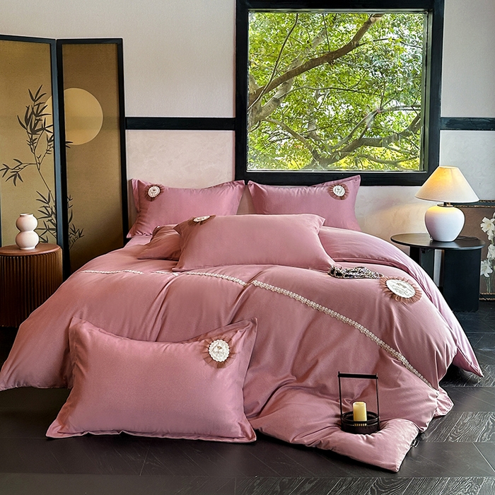 梵克保罗 2025秋冬新款加厚肌理纹碳素磨毛刺绣贴布绣花边新中式四件套-奢香夫人 豆沙