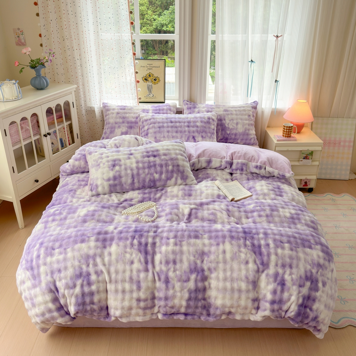 91家纺网 家纺一手货源 找家纺 德比尔斯 2025新款泡泡牛奶绒四件套 炫彩泡泡紫