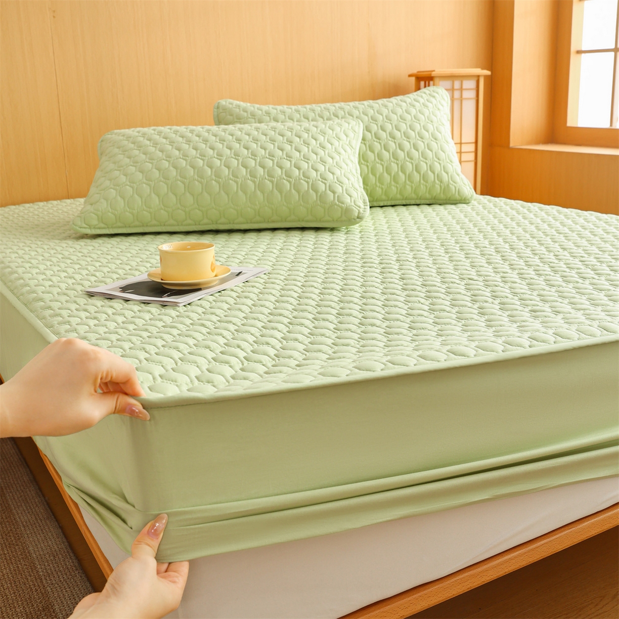 91家纺网 家纺一手货源 找家纺 恒爱家纺 2025新款全棉绗绣单品床笠 嫩绿