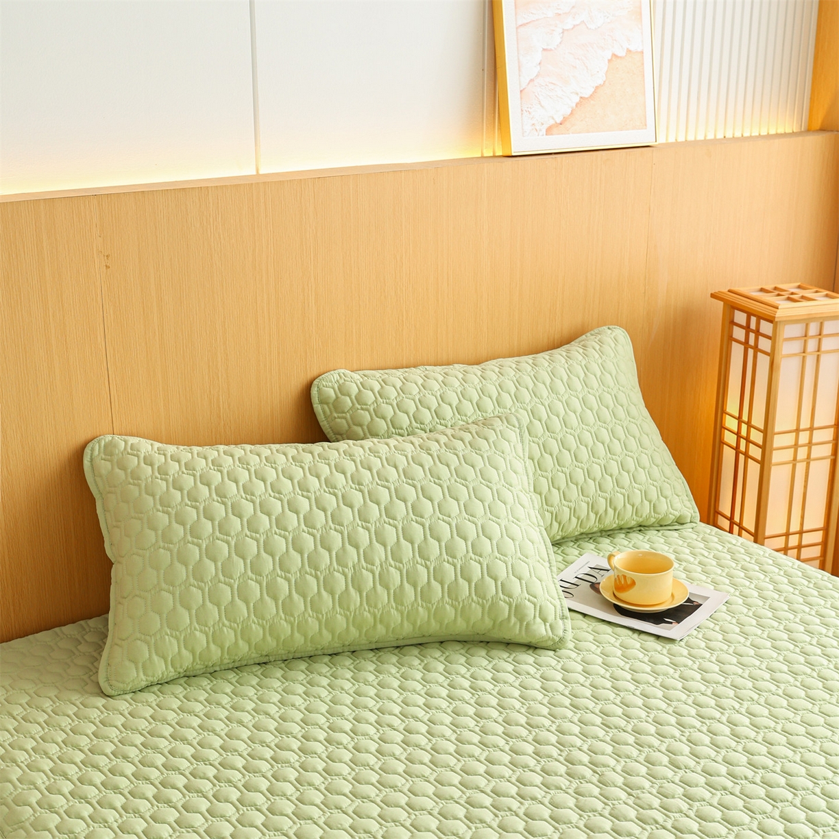 91家纺网 家纺一手货源 找家纺 恒爱家纺 2025新款全棉绗绣单品床笠 嫩绿