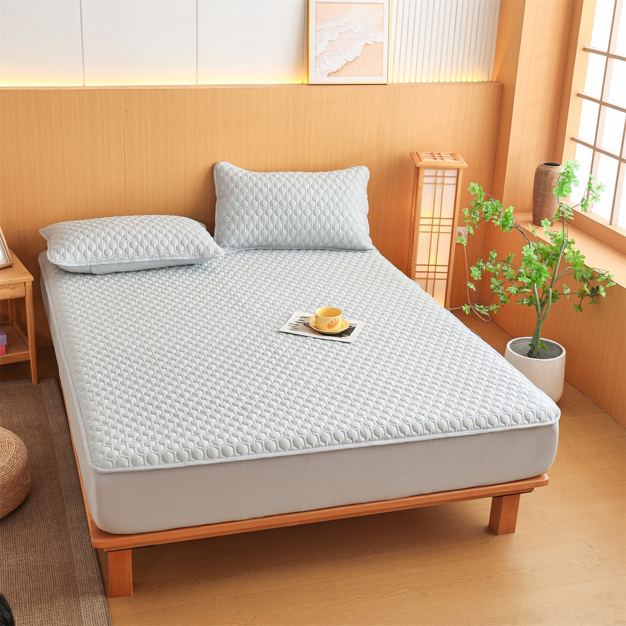 91家纺网 家纺一手货源 找家纺 恒爱家纺 2025新款全棉绗绣单品床笠 梧桐灰