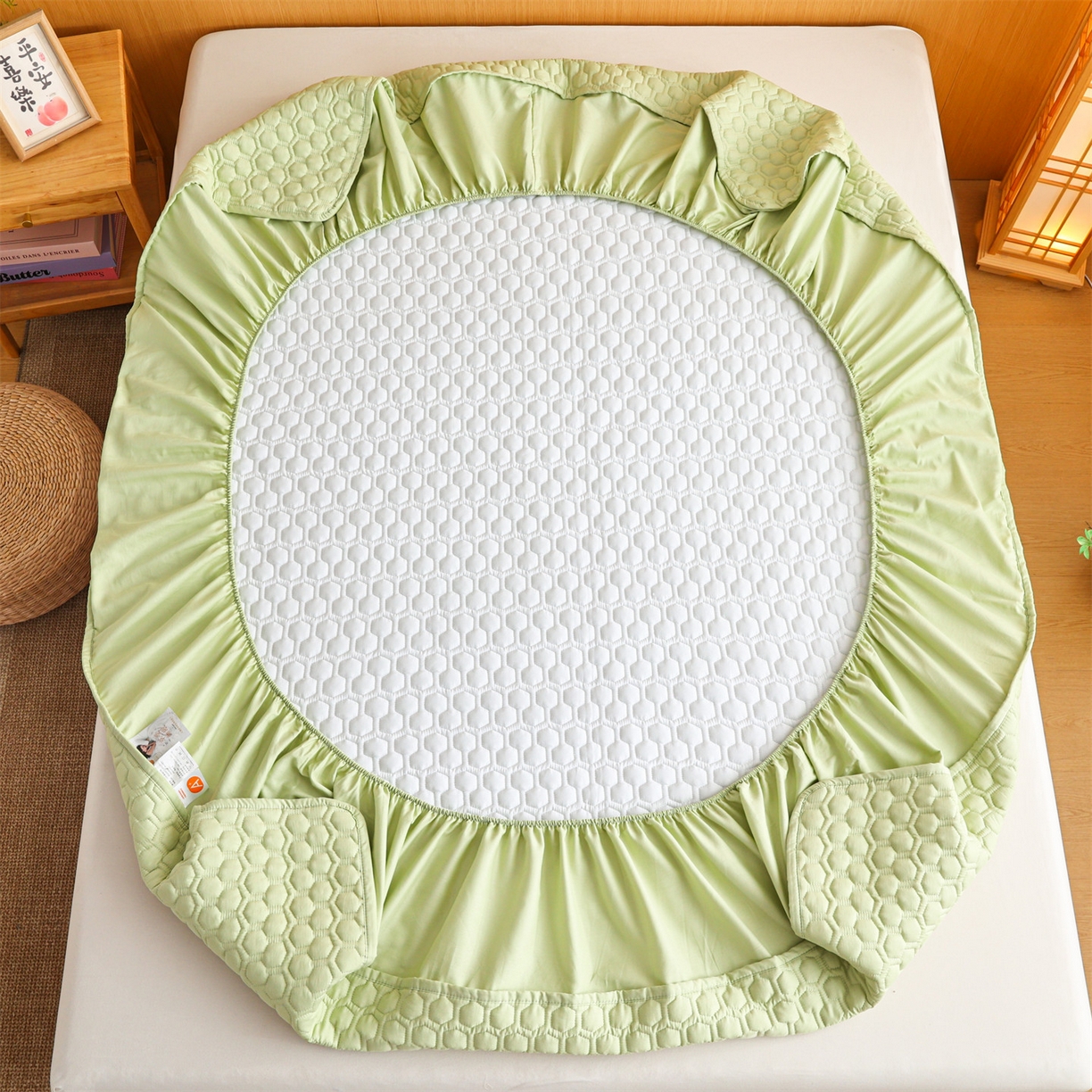 91家纺网 家纺一手货源 找家纺 恒爱家纺 2025新款全棉绗绣单品床笠 嫩绿