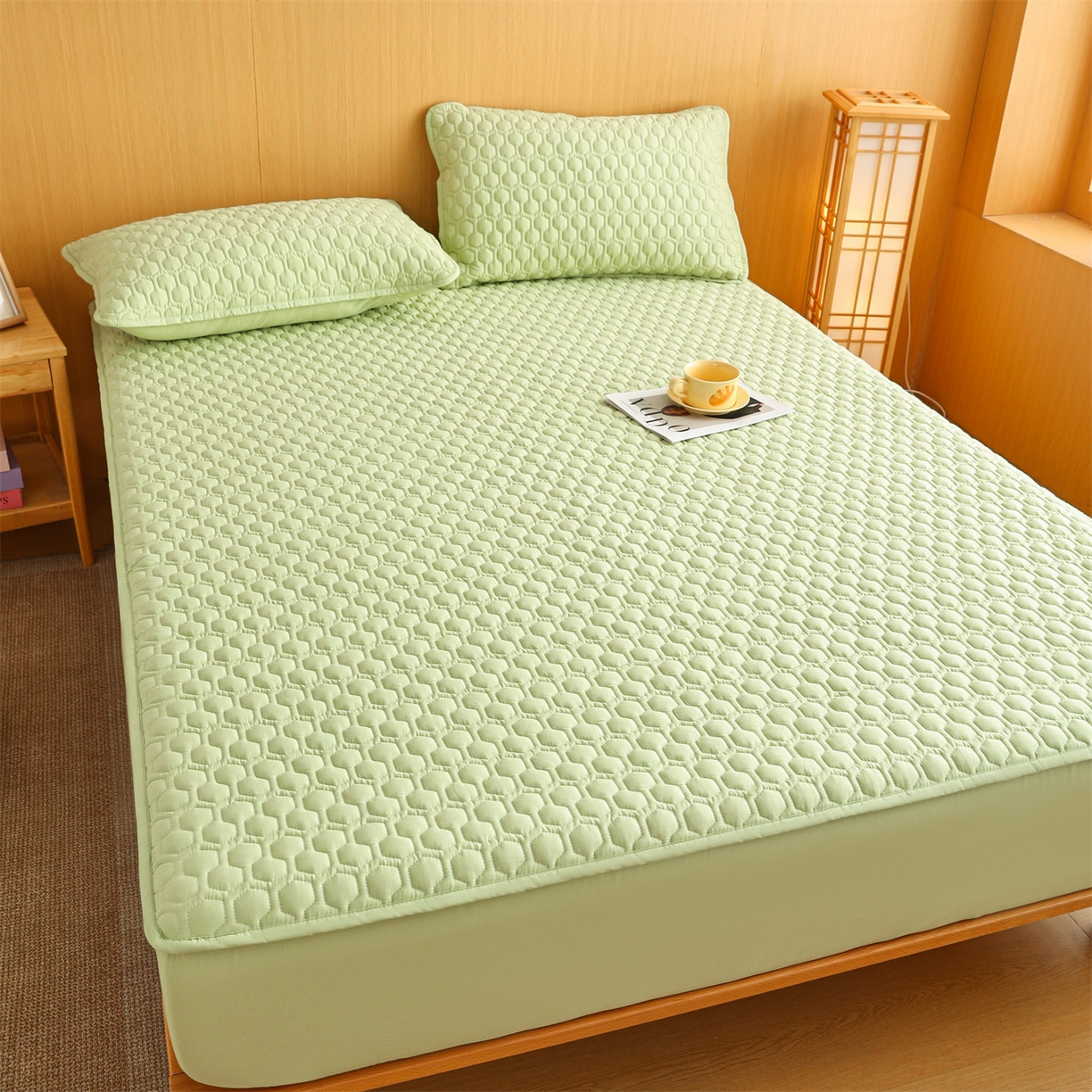 91家纺网 家纺一手货源 找家纺 恒爱家纺 2025新款全棉绗绣单品床笠 嫩绿