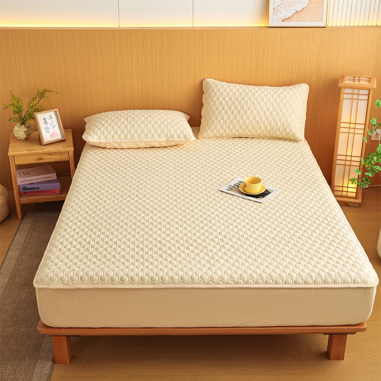 恒爱家纺 2025新款全棉绗绣单品床笠 米杏