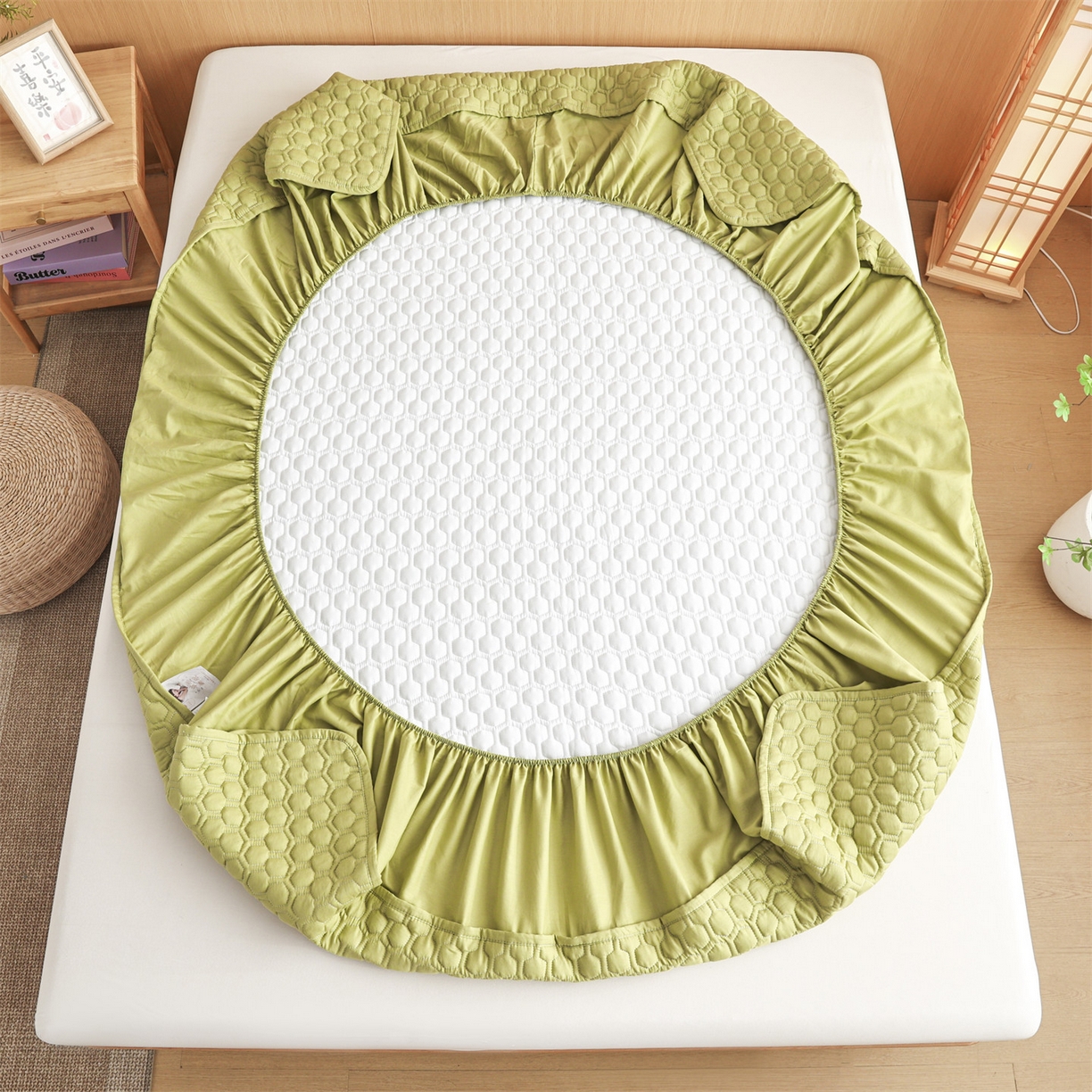 91家纺网 家纺一手货源 找家纺 恒爱家纺 2025新款全棉绗绣单品床笠 牛油果绿