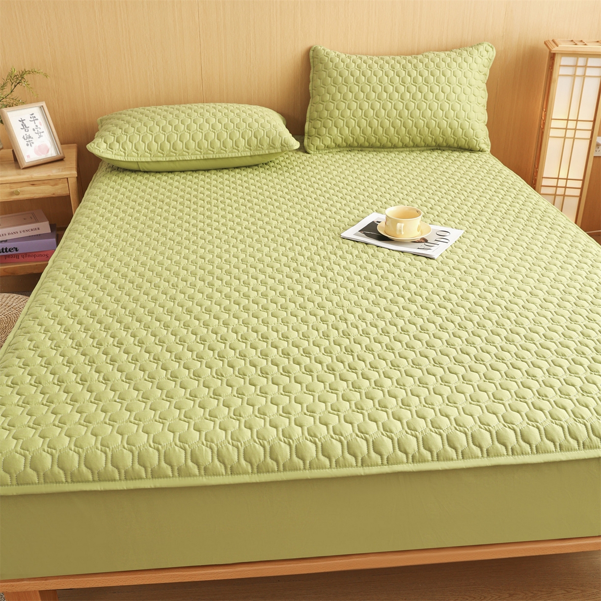 91家纺网 家纺一手货源 找家纺 恒爱家纺 2025新款全棉绗绣单品床笠 牛油果绿