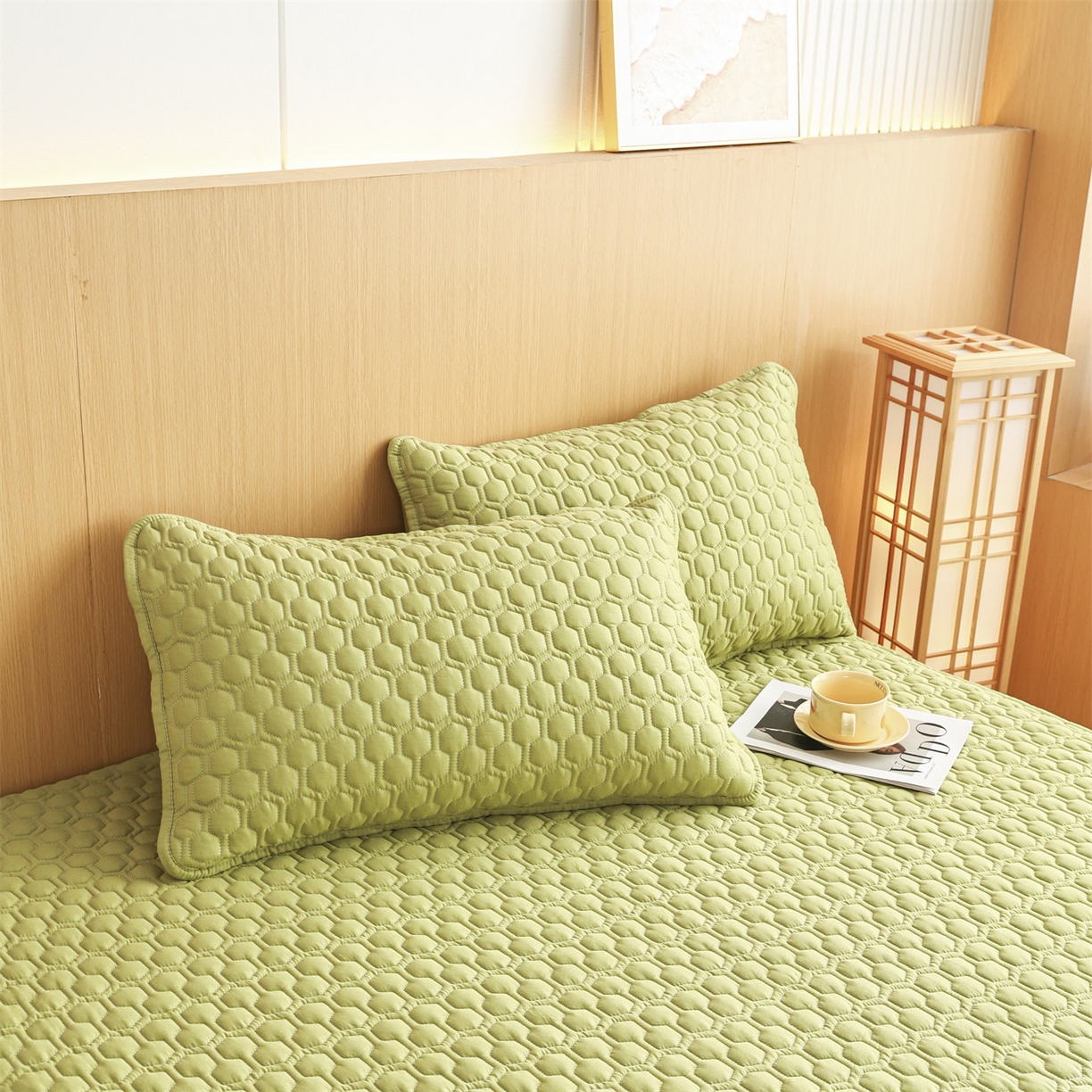 91家纺网 家纺一手货源 找家纺 恒爱家纺 2025新款全棉绗绣单品床笠 牛油果绿