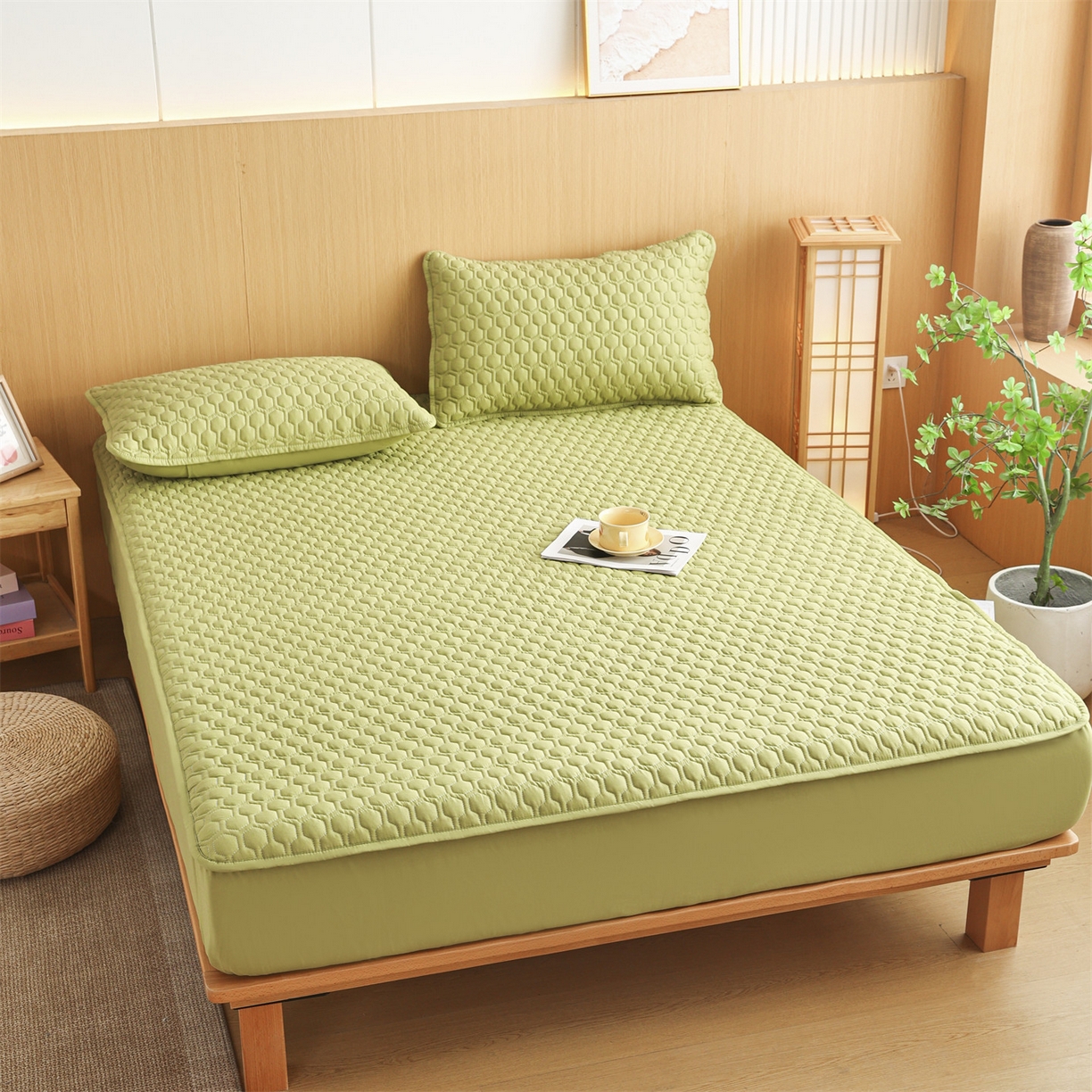 91家纺网 家纺一手货源 找家纺 恒爱家纺 2025新款全棉绗绣单品床笠 牛油果绿