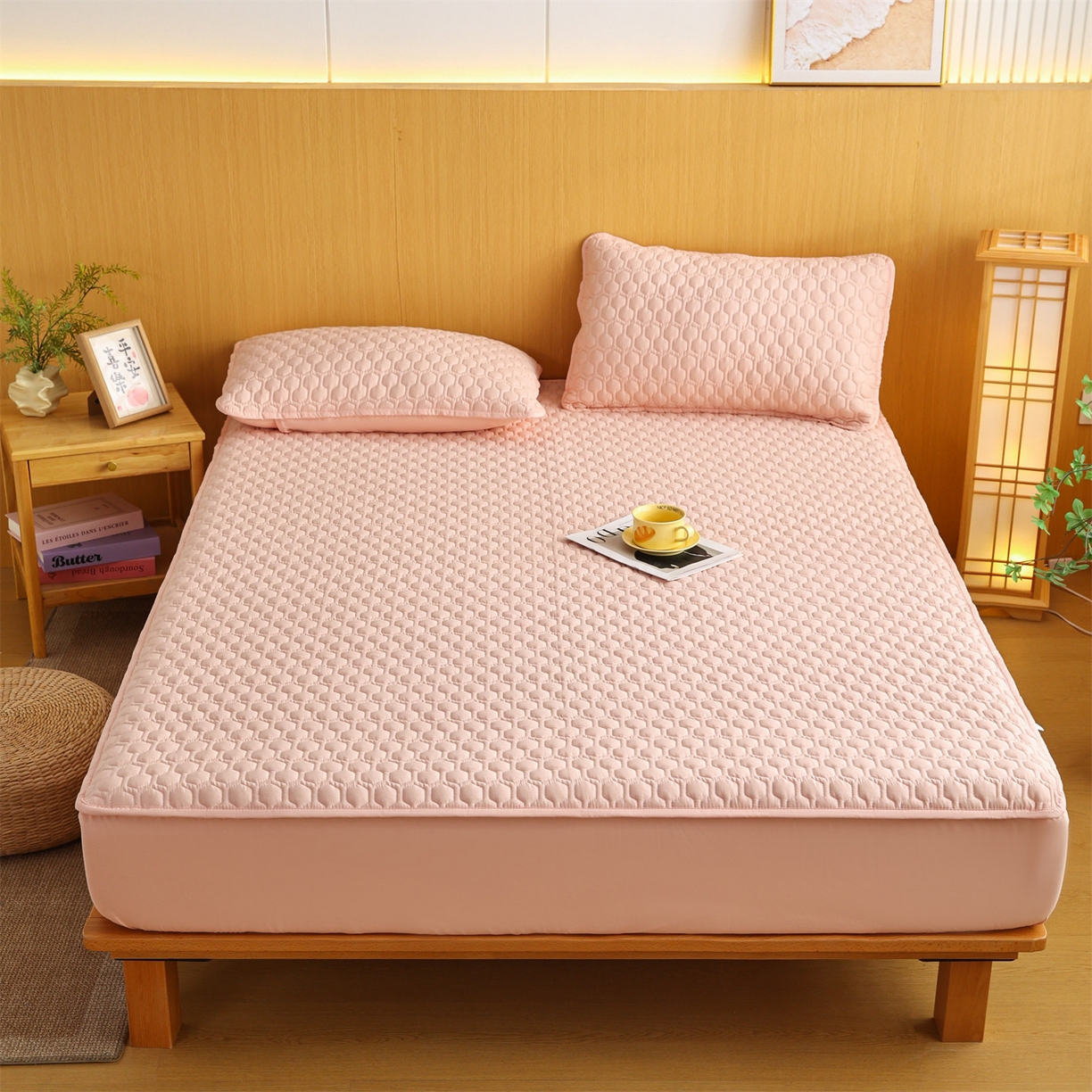 恒爱家纺 2025新款全棉绗绣单品床笠 奶油粉