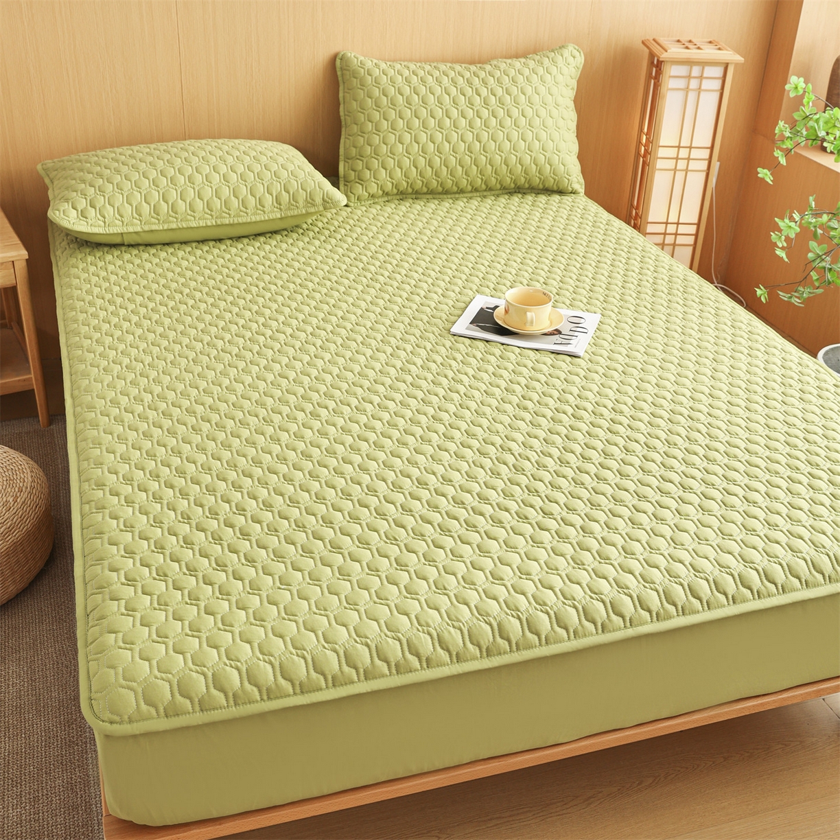 91家纺网 家纺一手货源 找家纺 恒爱家纺 2025新款全棉绗绣单品床笠 牛油果绿