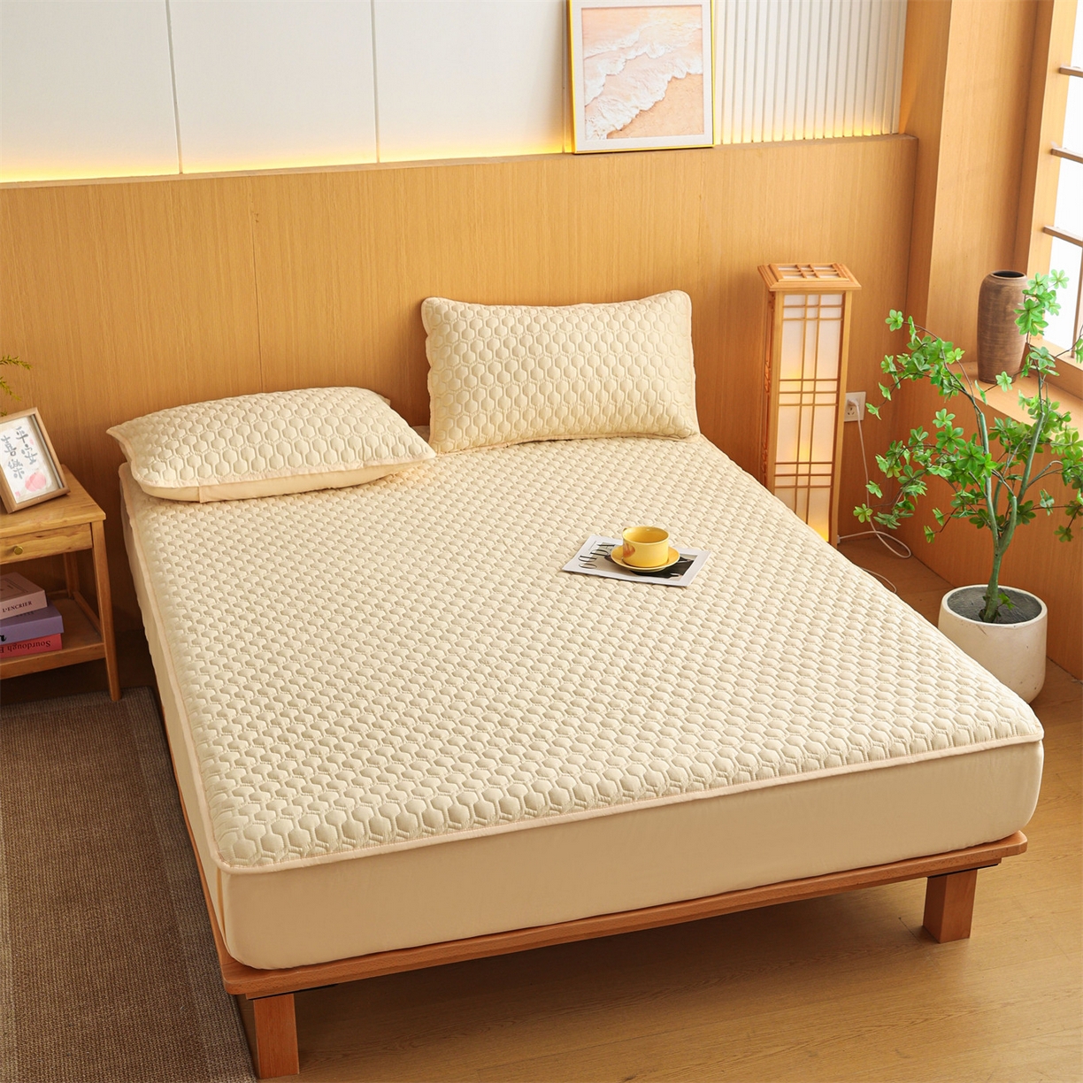 91家纺网 家纺一手货源 找家纺 恒爱家纺 2025新款全棉绗绣单品床笠 米杏