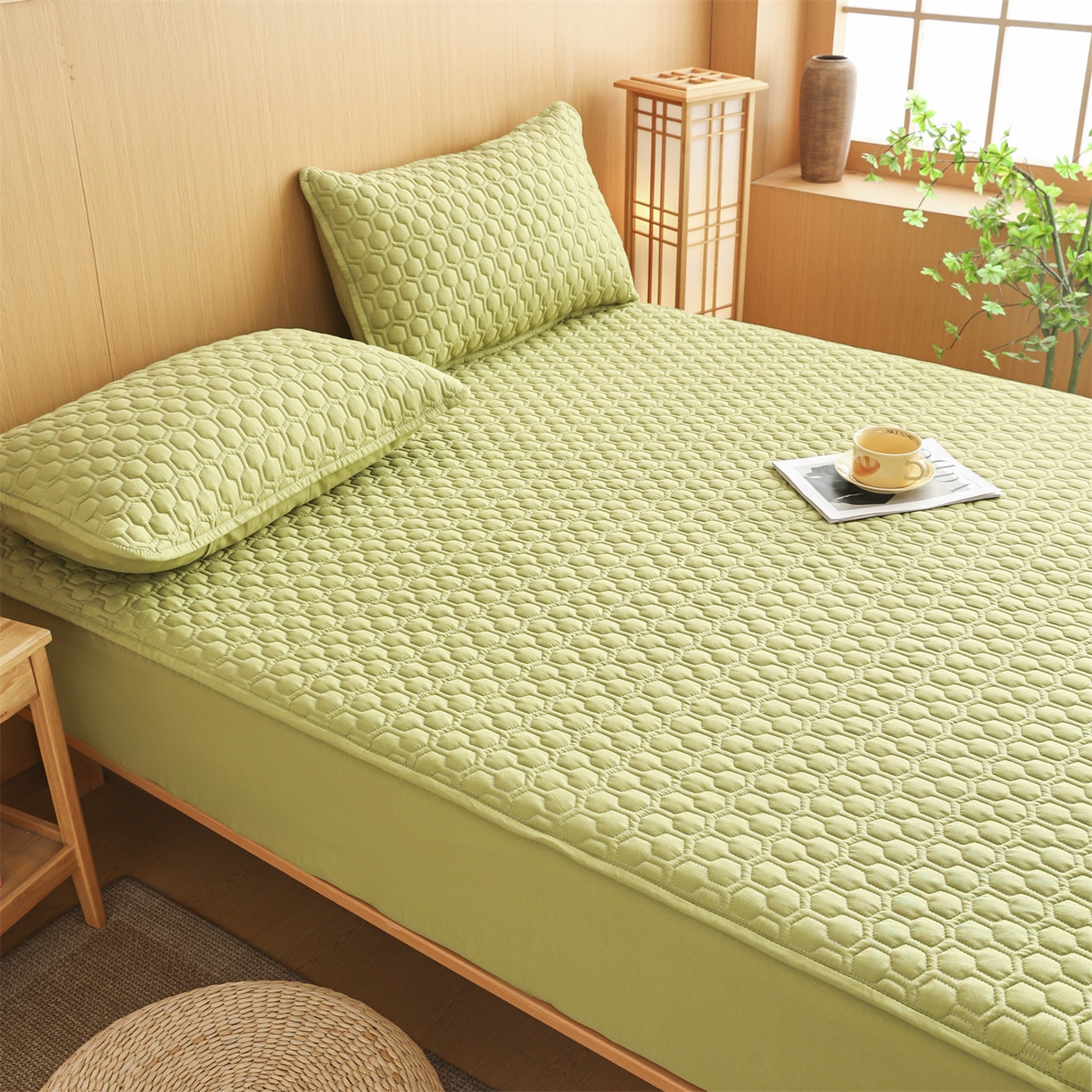 91家纺网 家纺一手货源 找家纺 恒爱家纺 2025新款全棉绗绣单品床笠 牛油果绿