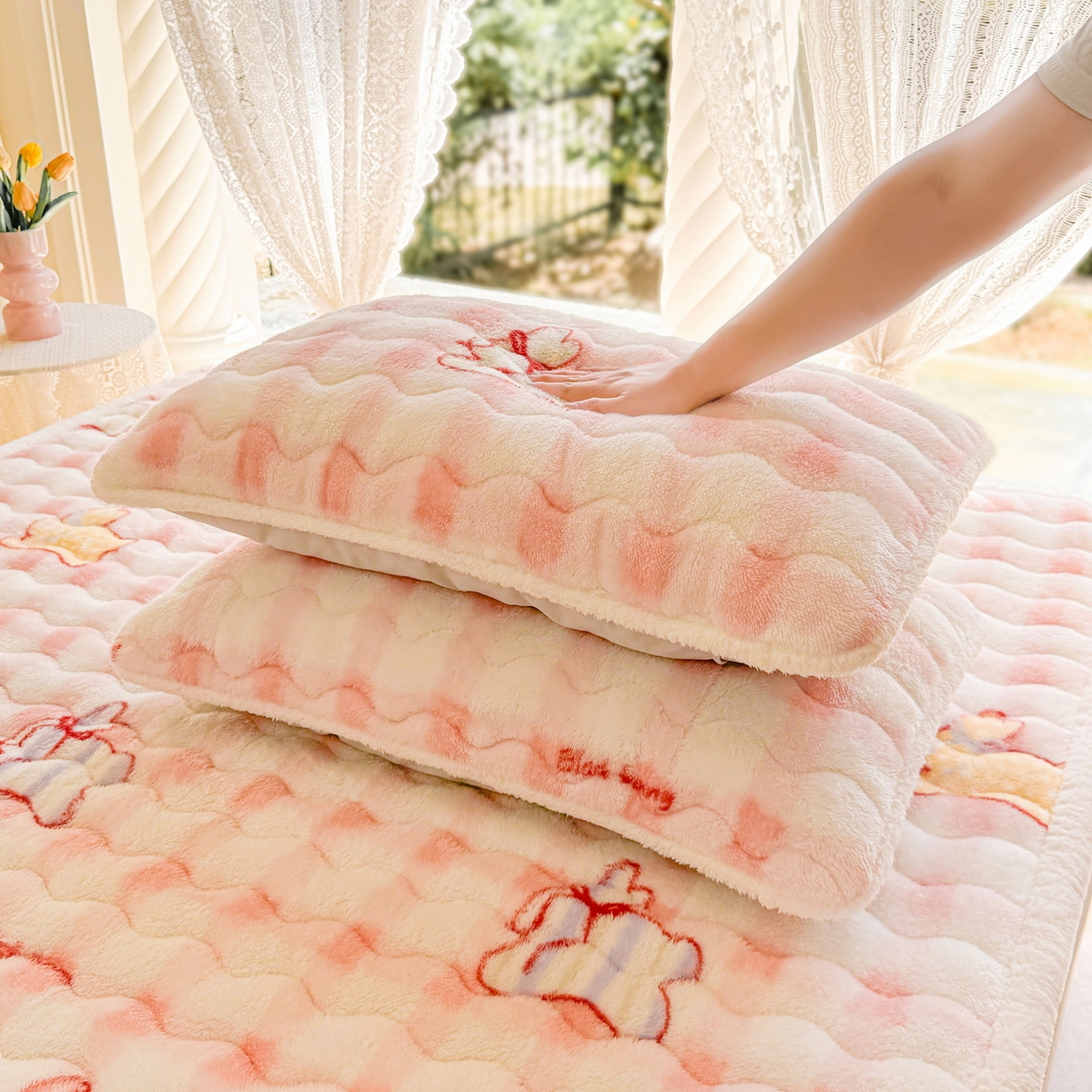 91家纺网 家纺一手货源 找家纺 LIFE.丽芙 2025秋冬新款A类北极绒保暖加厚夹棉枕套 意趣-粉