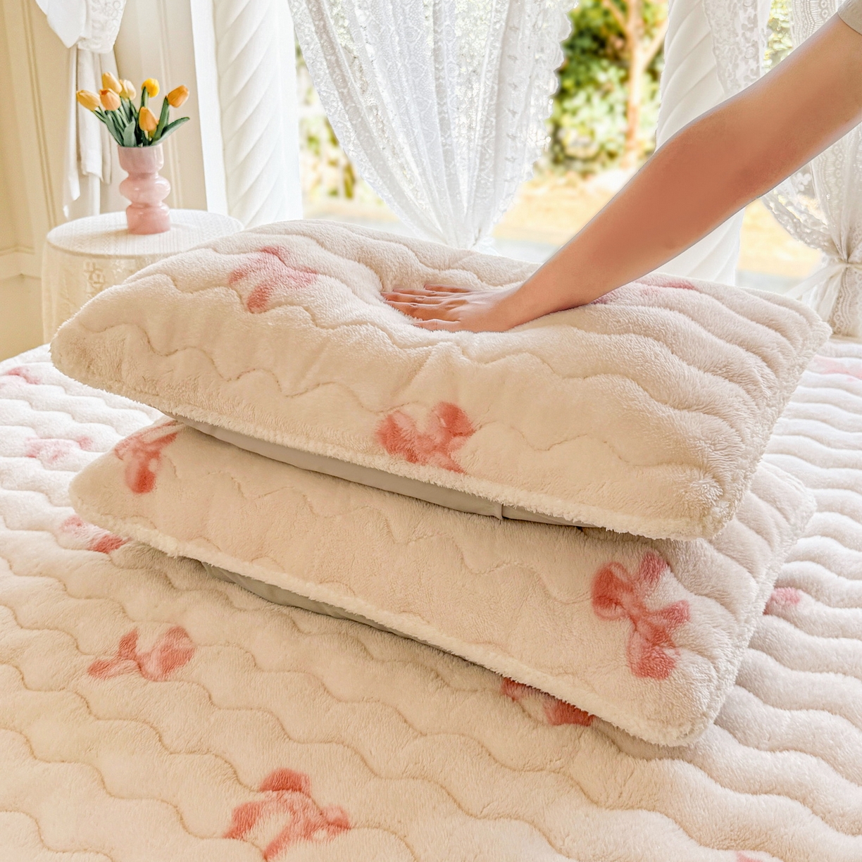 91家纺网 家纺一手货源 找家纺 LIFE.丽芙 2025秋冬新款A类北极绒保暖加厚夹棉枕套 蝶梦-粉