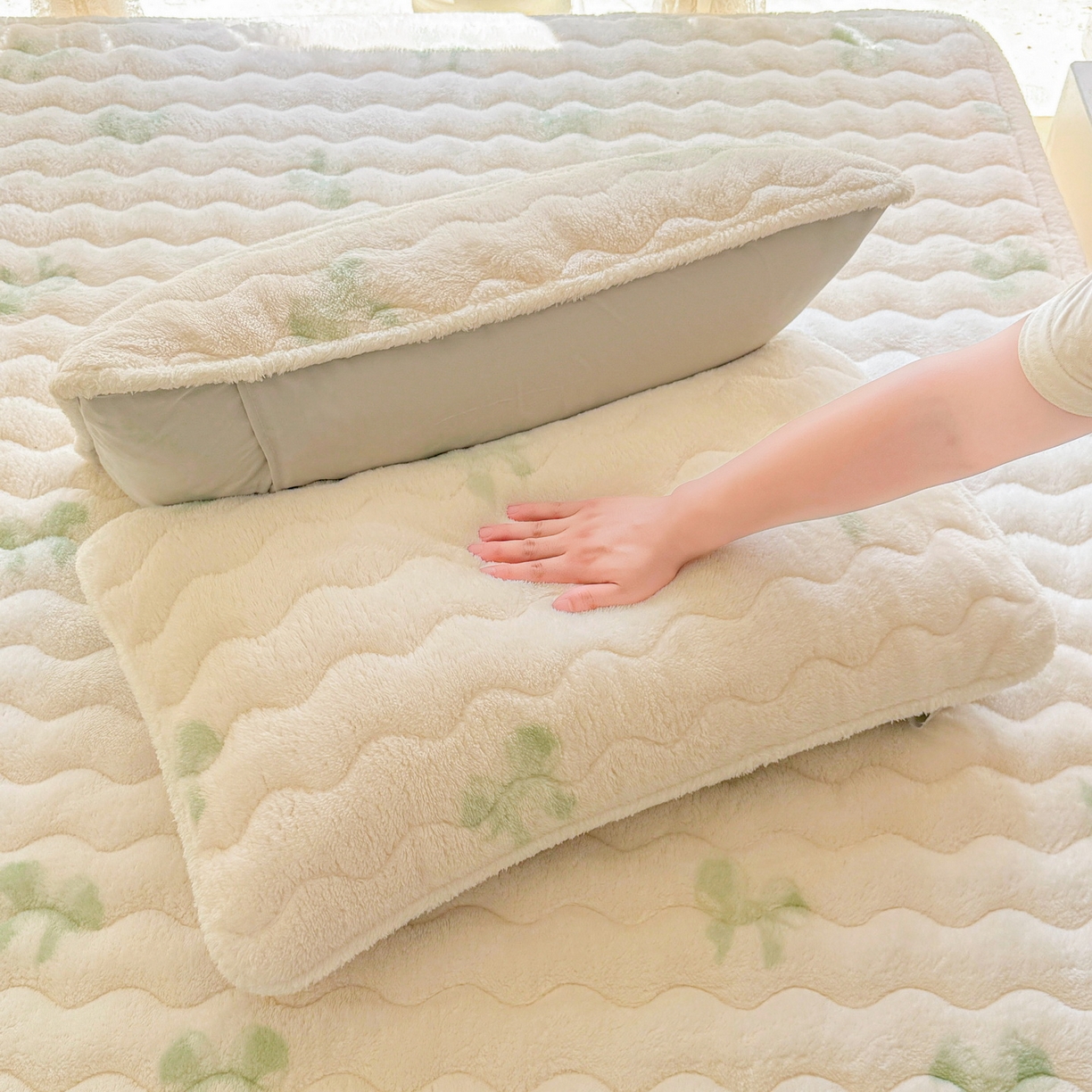 91家纺网 家纺一手货源 找家纺 LIFE.丽芙 2025秋冬新款A类北极绒保暖加厚夹棉枕套 蝶梦-绿