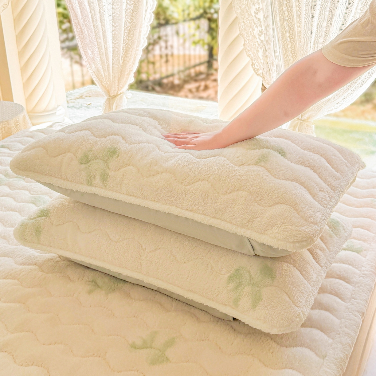 91家纺网 家纺一手货源 找家纺 LIFE.丽芙 2025秋冬新款A类北极绒保暖加厚夹棉枕套 蝶梦-绿