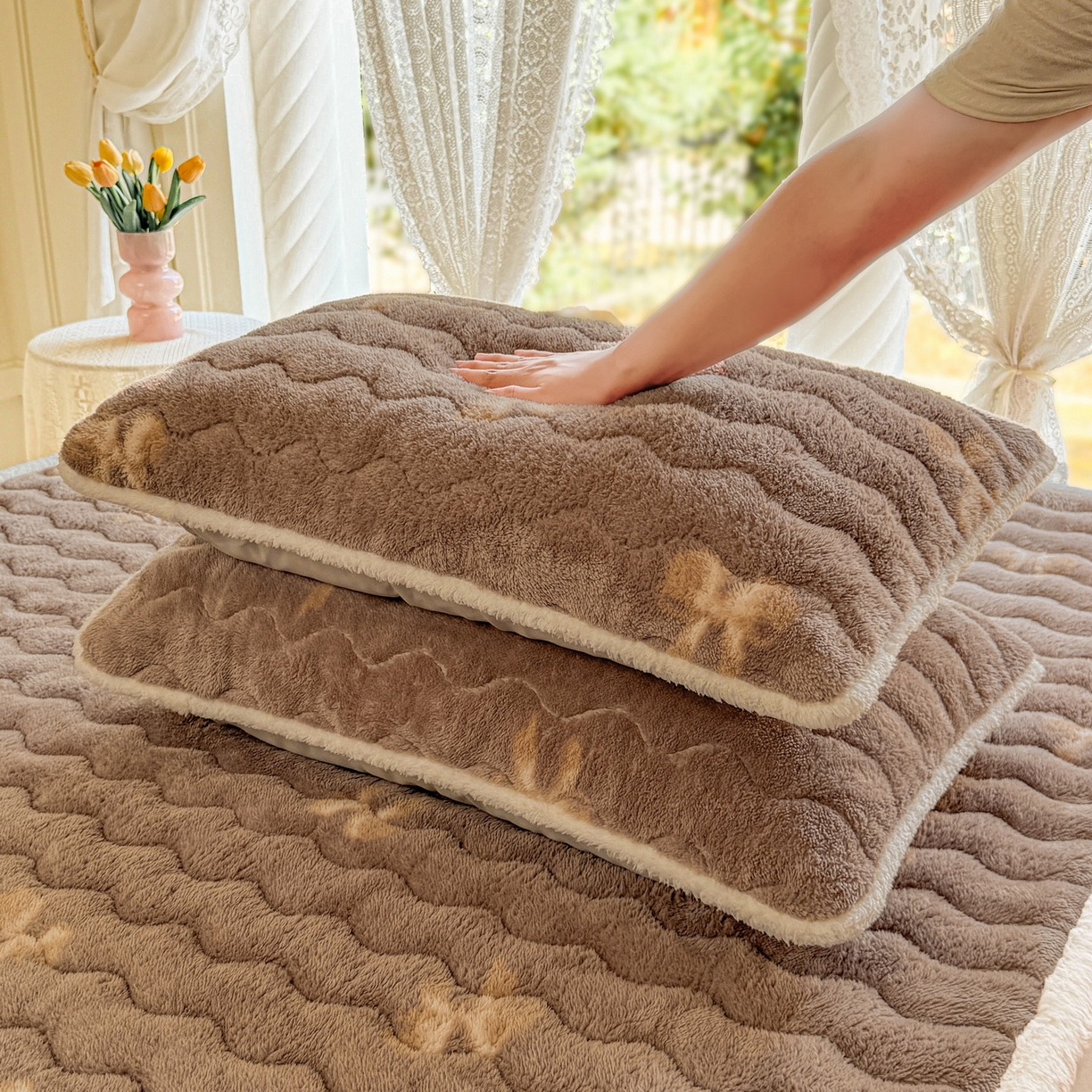 91家纺网 家纺一手货源 找家纺 LIFE.丽芙 2025秋冬新款A类北极绒保暖加厚夹棉枕套 蝶梦-棕