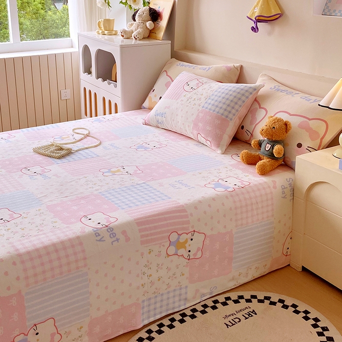 91家纺网 家纺一手货源 找家纺 葡萄家 2025年新款牛奶绒印花单床单萌系卡通床单款 布丁猫