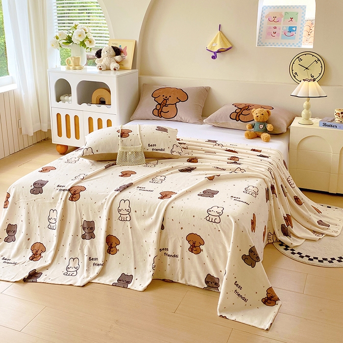 91家纺网 家纺一手货源 找家纺 葡萄家 2025年新款牛奶绒印花单床单萌系卡通床单款 动物乐园