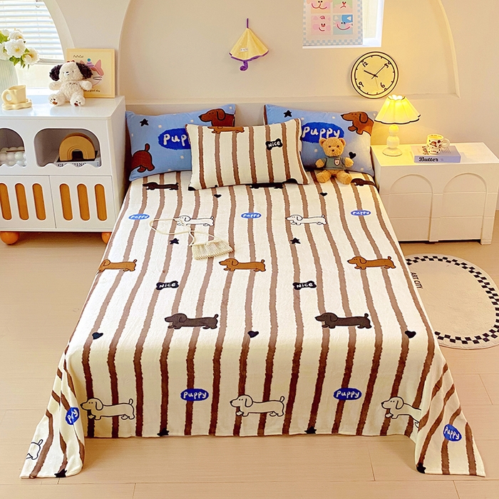 91家纺网 家纺一手货源 找家纺 葡萄家 2025年新款牛奶绒印花单床单萌系卡通床单款 腊肠狗