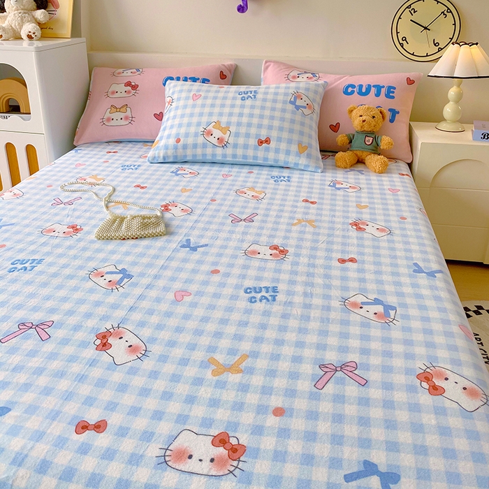 91家纺网 家纺一手货源 找家纺 葡萄家 2025年新款牛奶绒印花单床单萌系卡通床单款 蓝格猫咪