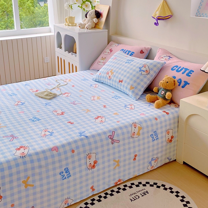 91家纺网 家纺一手货源 找家纺 葡萄家 2025年新款牛奶绒印花单床单萌系卡通床单款 蓝格猫咪