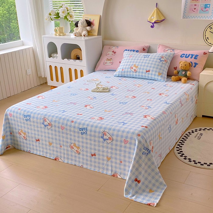 91家纺网 家纺一手货源 找家纺 葡萄家 2025年新款牛奶绒印花单床单萌系卡通床单款 蓝格猫咪