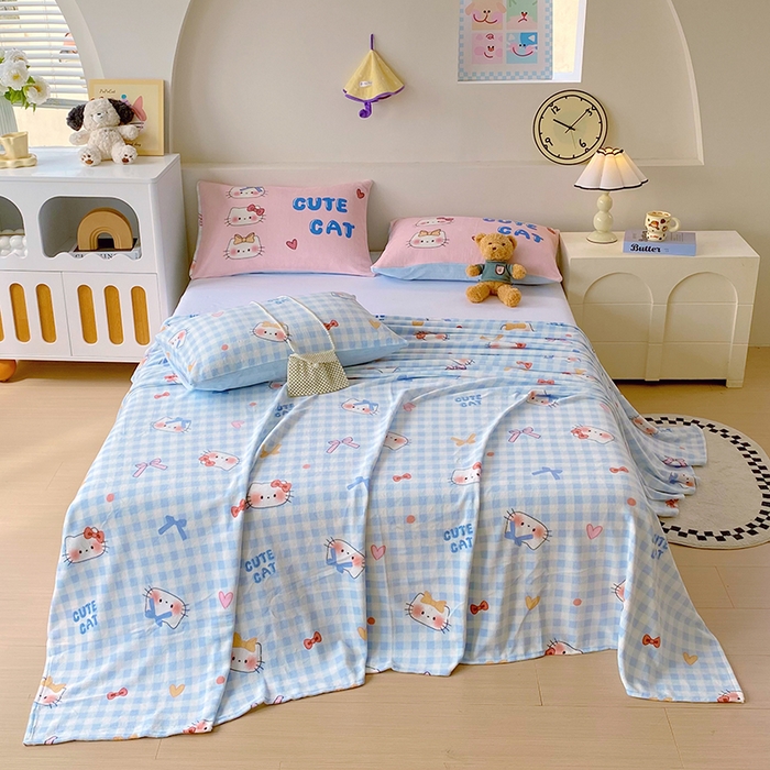 91家纺网 家纺一手货源 找家纺 葡萄家 2025年新款牛奶绒印花单床单萌系卡通床单款 蓝格猫咪