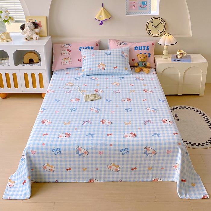 91家纺网 家纺一手货源 找家纺 葡萄家 2025年新款牛奶绒印花单床单萌系卡通床单款 蓝格猫咪