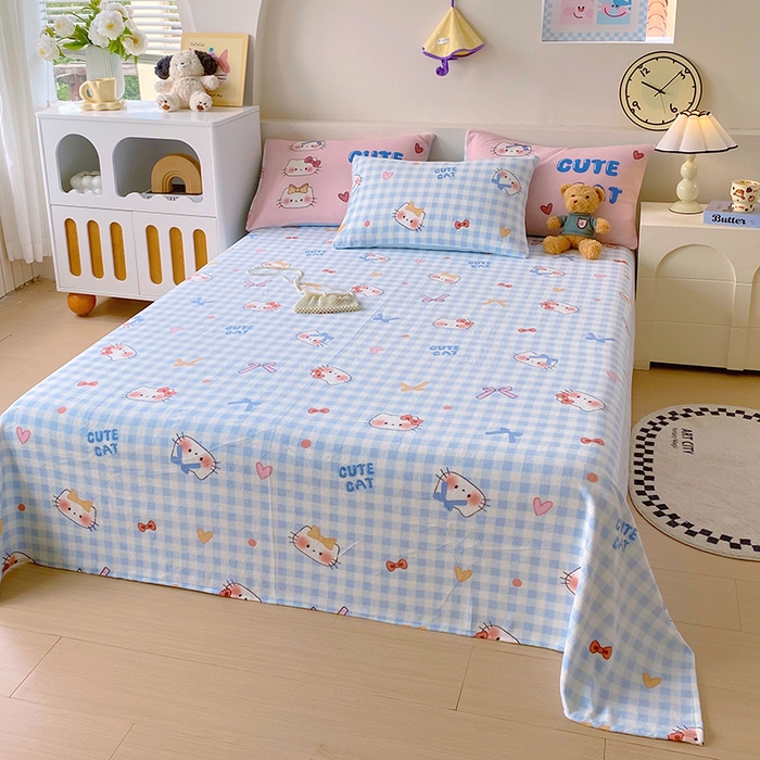 91家纺网 家纺一手货源 找家纺 葡萄家 2025年新款牛奶绒印花单床单萌系卡通床单款 蓝格猫咪