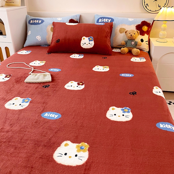 91家纺网 家纺一手货源 找家纺 葡萄家 2025年新款牛奶绒印花单床单萌系卡通床单款 猫千金红