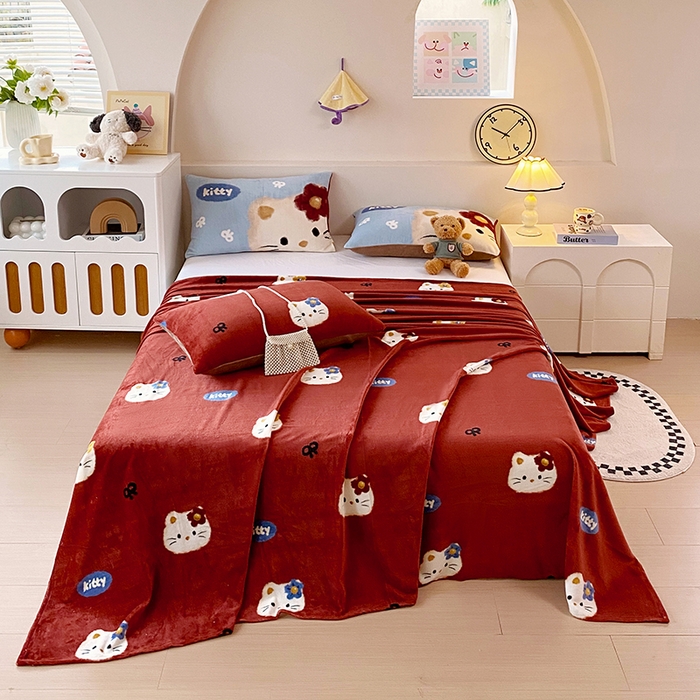 91家纺网 家纺一手货源 找家纺 葡萄家 2025年新款牛奶绒印花单床单萌系卡通床单款 猫千金红