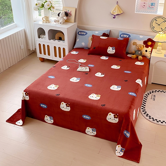 91家纺网 家纺一手货源 找家纺 葡萄家 2025年新款牛奶绒印花单床单萌系卡通床单款 猫千金红