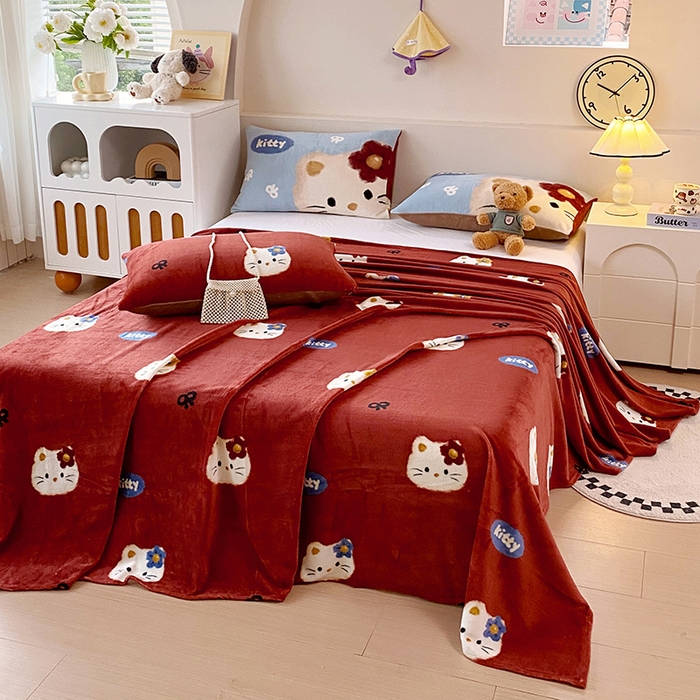 91家纺网 家纺一手货源 找家纺 葡萄家 2025年新款牛奶绒印花单床单萌系卡通床单款 猫千金红