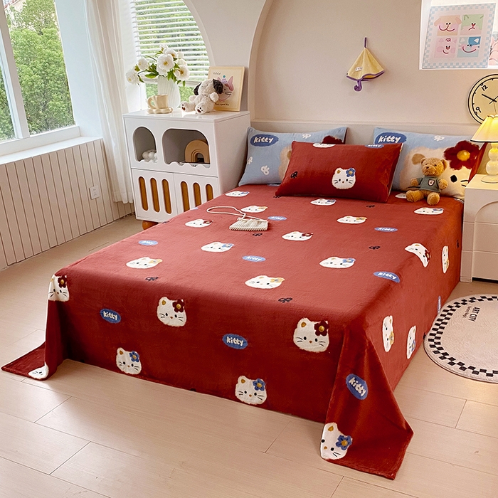 91家纺网 家纺一手货源 找家纺 葡萄家 2025年新款牛奶绒印花单床单萌系卡通床单款 猫千金红